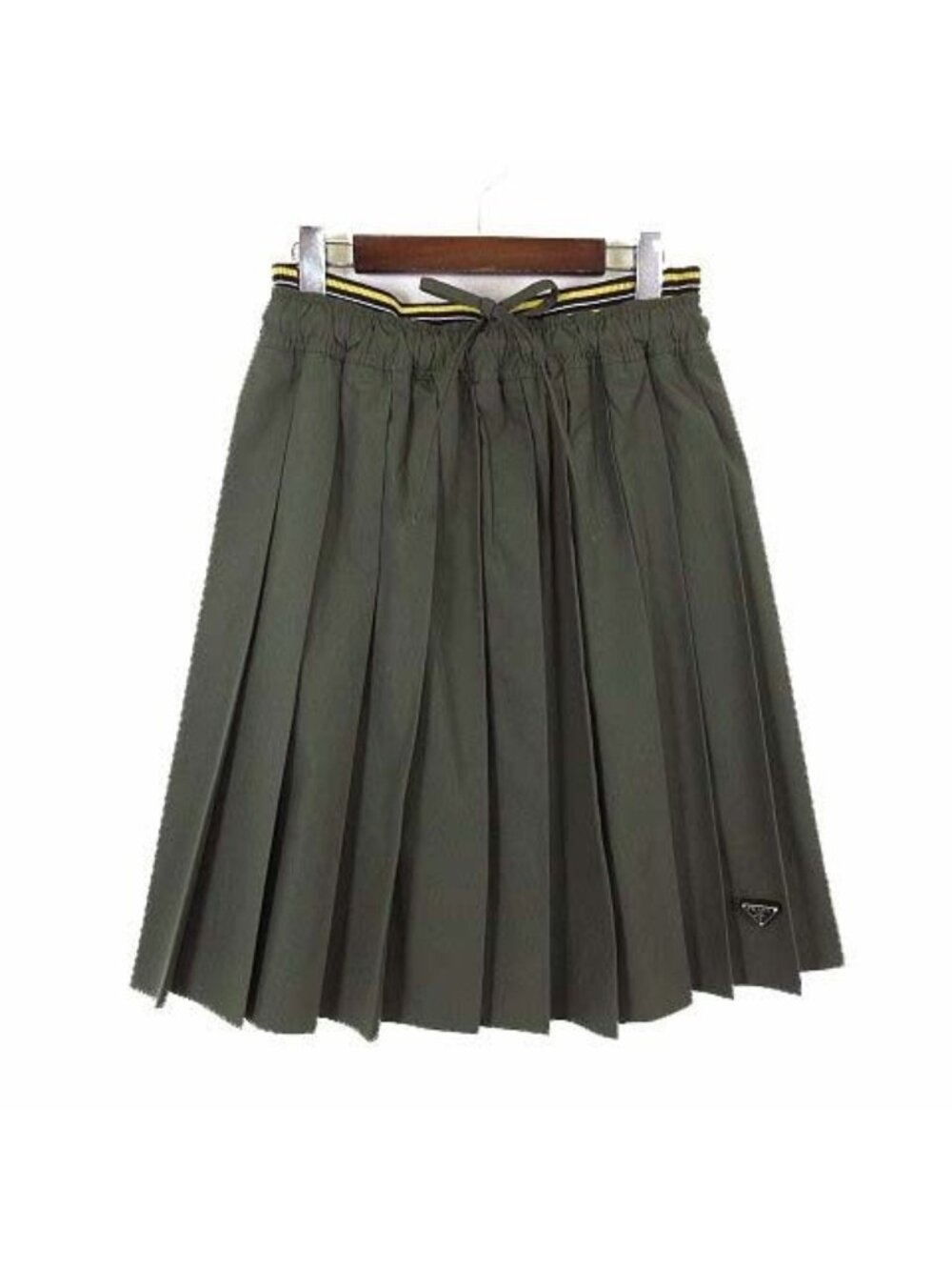 Prada Model Skirt Poplin Pleated Midi Triangle Logo Waist Rib Knit S Military